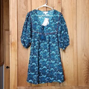 BOG Bohemian Floral Sheath V-Neck 1/2 Sleeve Mini Dress, Small, Teal & White